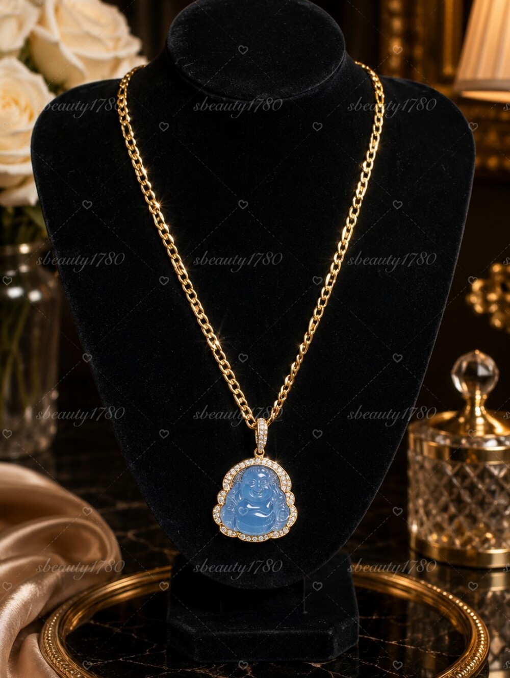 Gold Chain Necklace with Blue Buddha Pendant